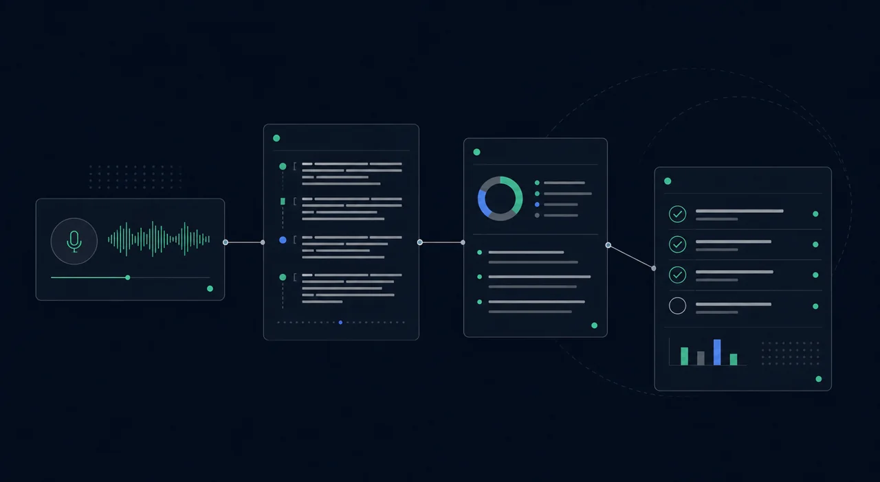 A business workflow moving from captured audio to transcript, summary, and completed action items