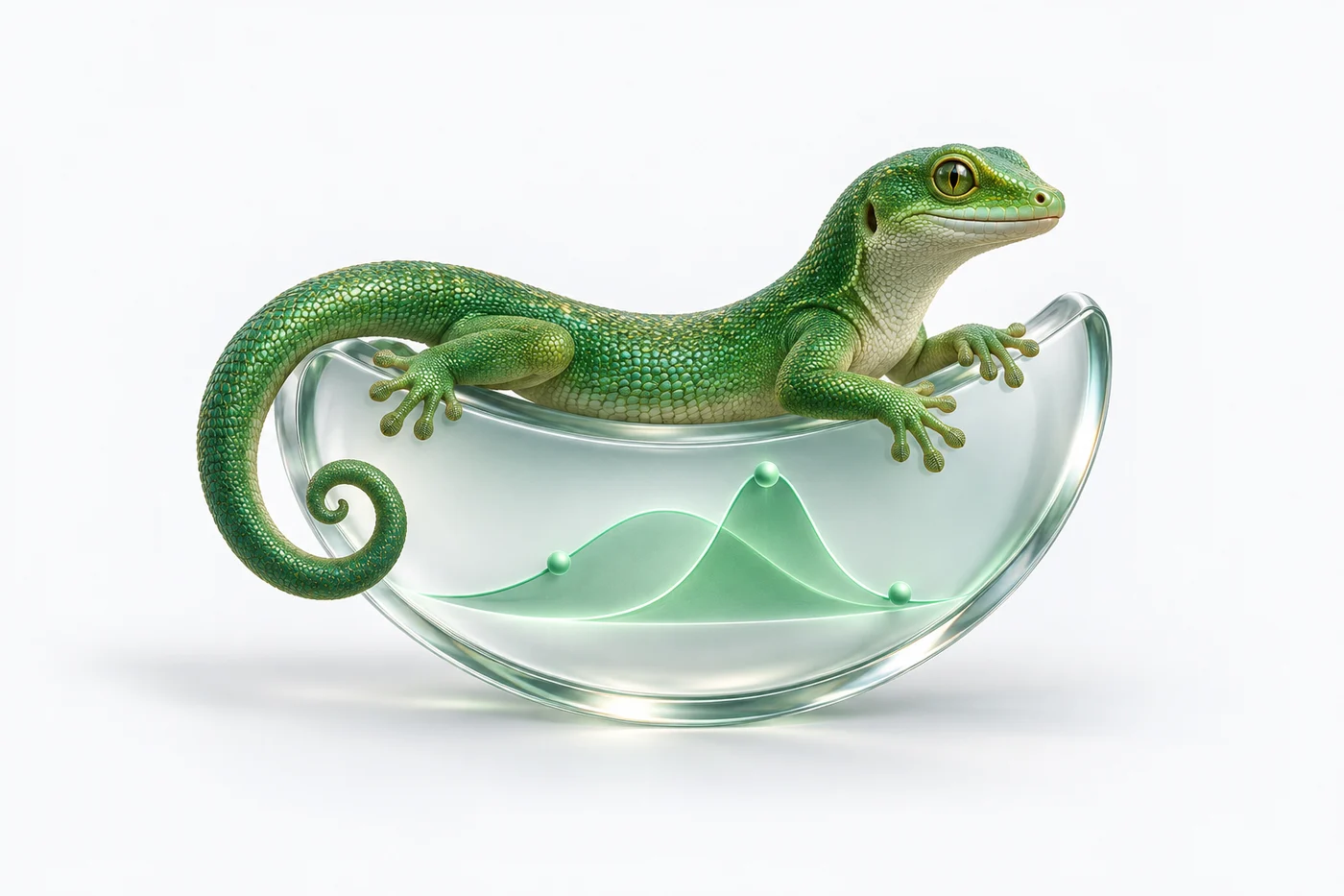 Emerald lizard above a glass lens with probability curves, a conceptual illustration of inference.