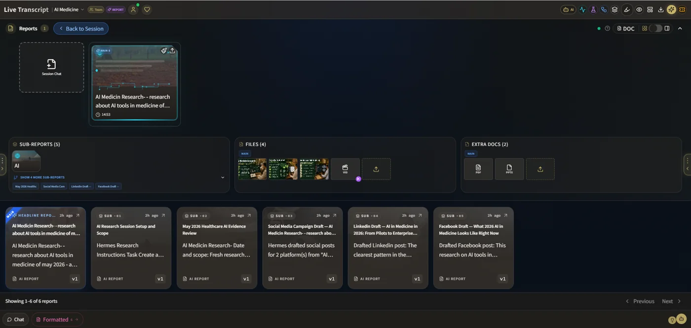 SonicMind Connect product interface: source files and report cards organized in a session